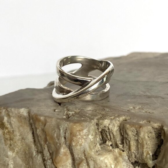 Sterling Silver 925 Asymmetric Criss Cross Lines Saturn Band Ring Sz 7 - Picture 8 of 16